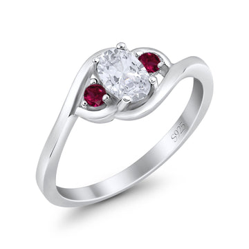 Three Stone Engagement Ring Oval Cut Round Simulated Ruby Cubic Zirconia 925 Sterling Silver